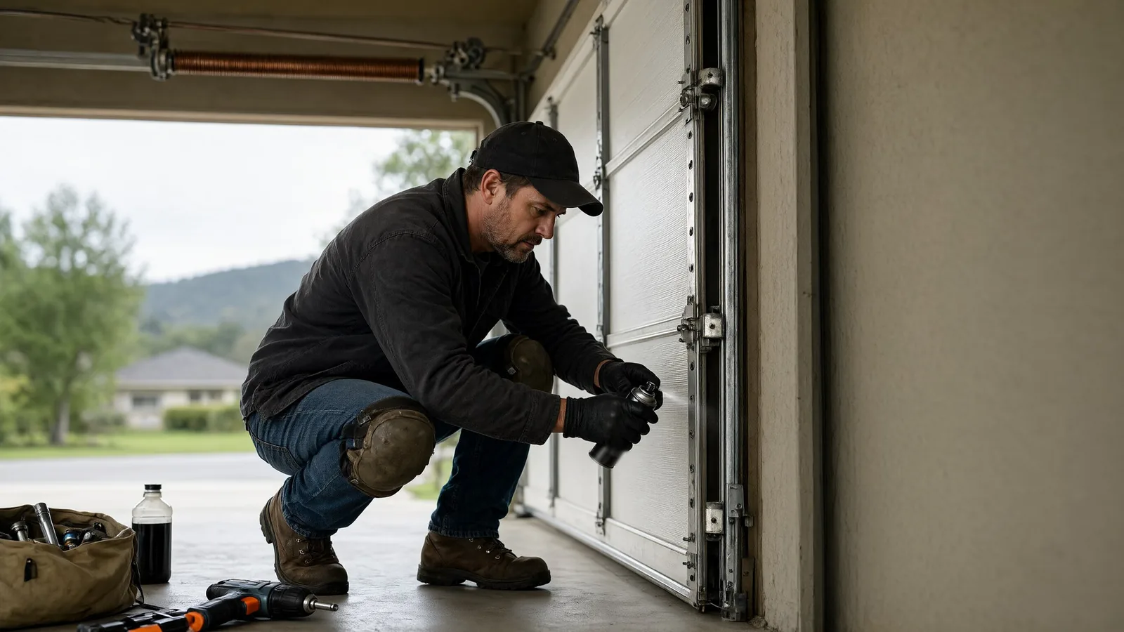 Garage door technician kneeling by an open sectional door, spraying lubricant on a hinge and roller track