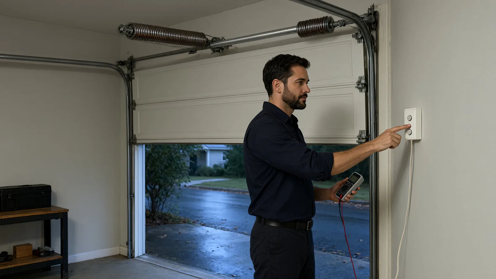 Garage door technician pressing a wall control button while testing the opener with a multimeter