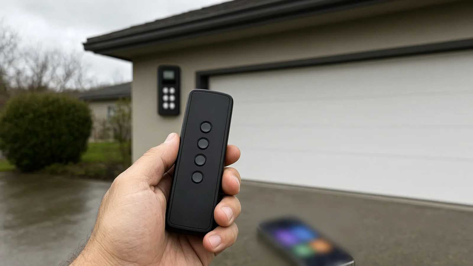 Hand holding a black garage door remote in front of a white sectional door, wall keypad and phone blurred behind