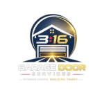 A modern transparent logo for “316 Garage Door Services” featuring a stylized white garage and house icon with gold accents inside a circular emblem. Below the icon is bold “3:16” typography in white and gold, followed by “Garage Door Services” in clean professional lettering. The tagline reads: “Opening Doors. Building Trust.” The design uses white, gold, and subtle red accents for a premium and trustworthy garage door brand aesthetic.